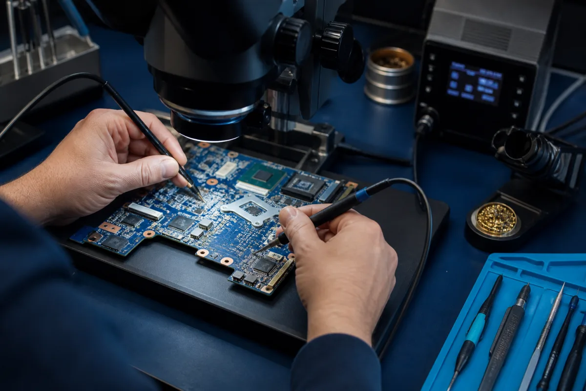 Diagnostic de carte mère sous microscope en atelier
