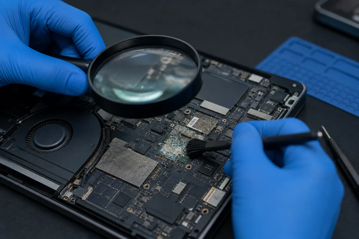 Inspection d’une carte électronique touchée par l’oxydation