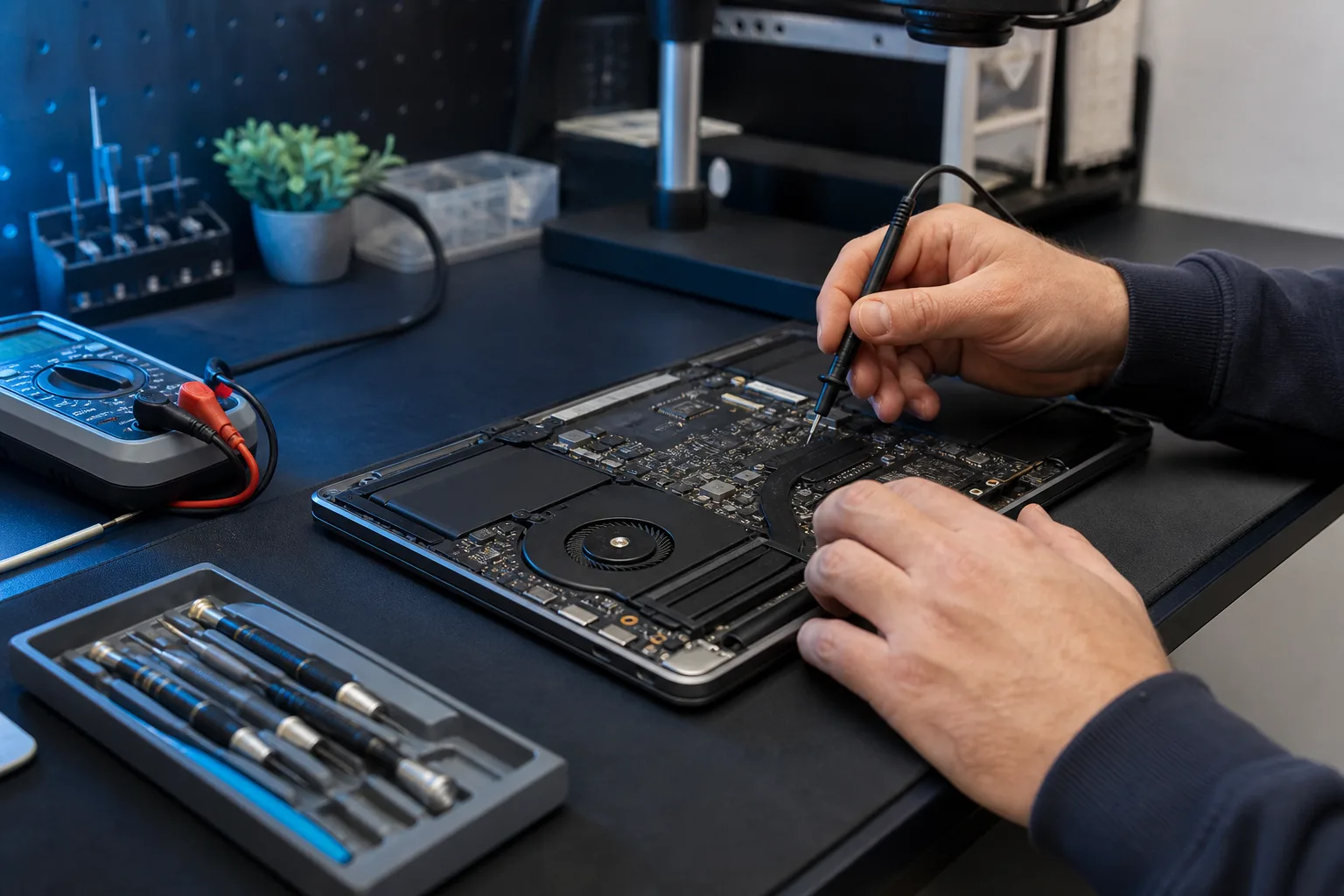 Diagnostic électronique d’un ordinateur portable dans l’atelier Informatique Express